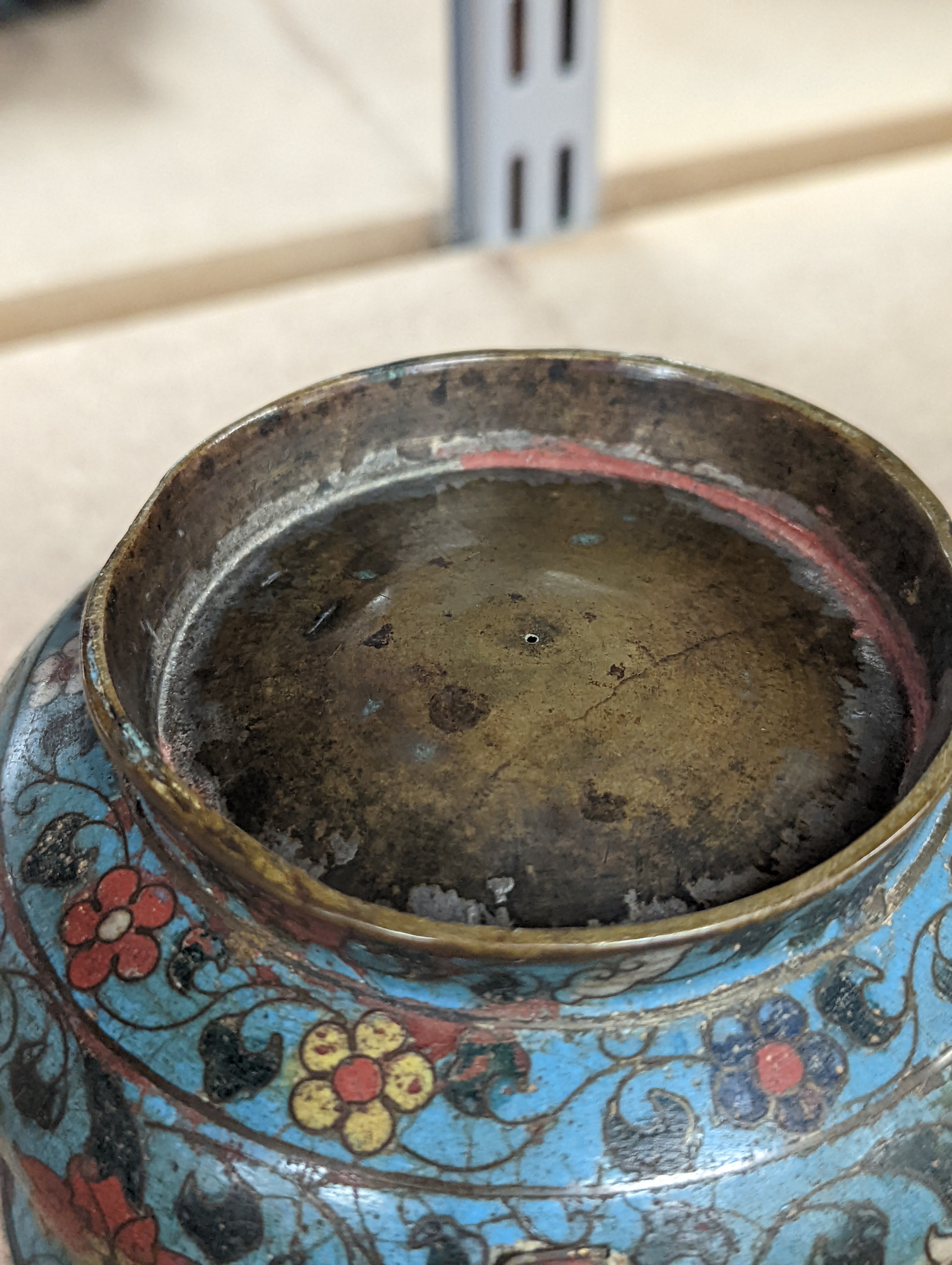 A Chinese late Ming dynasty bronze and cloisonné enamel ding censer 18cm